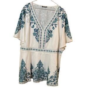 Bloomchic White Teal Bandana Print Flutter Sleeve V-Neck Blouse Plus Sz 22/24